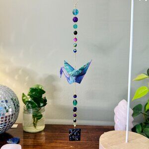 Origami Ornament #2321 - Large Crane with Fused Glass Pendant